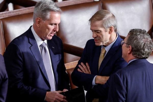 Former Speaker of the House Kevin McCarthy talks with Ohio Rep. Jim Jordan in the U.S. Capitol in Washington on Oct. 20.