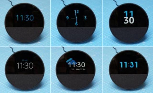 Various clock face options for the Amazon Echo Spot 2024.