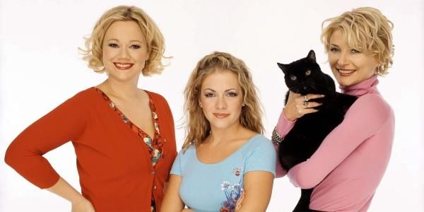 The cast of Sabrina the Teenage Witch against a white background for a promotional image